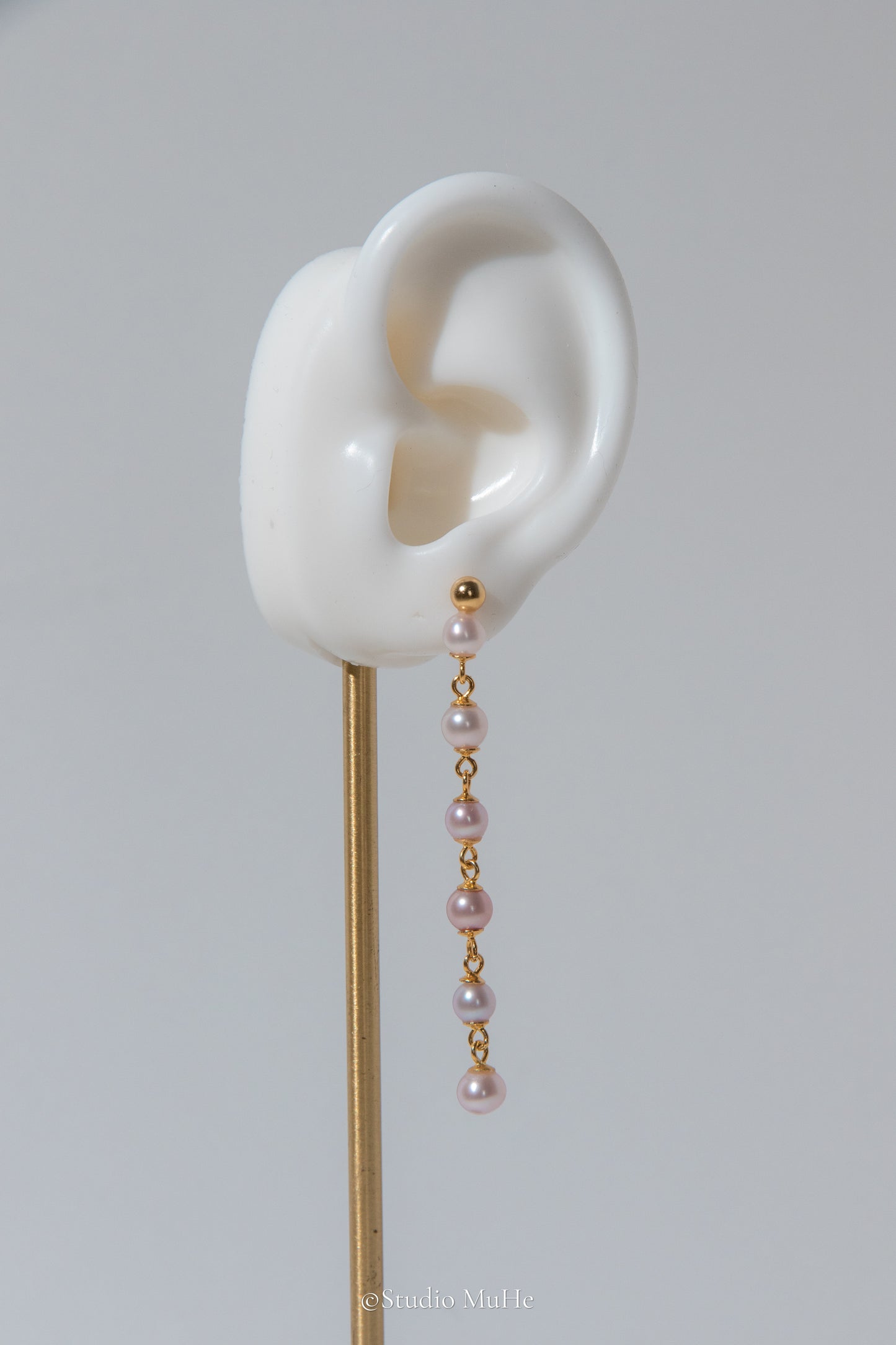 Super long golden rain in rose garden-long pink pearl earring.
