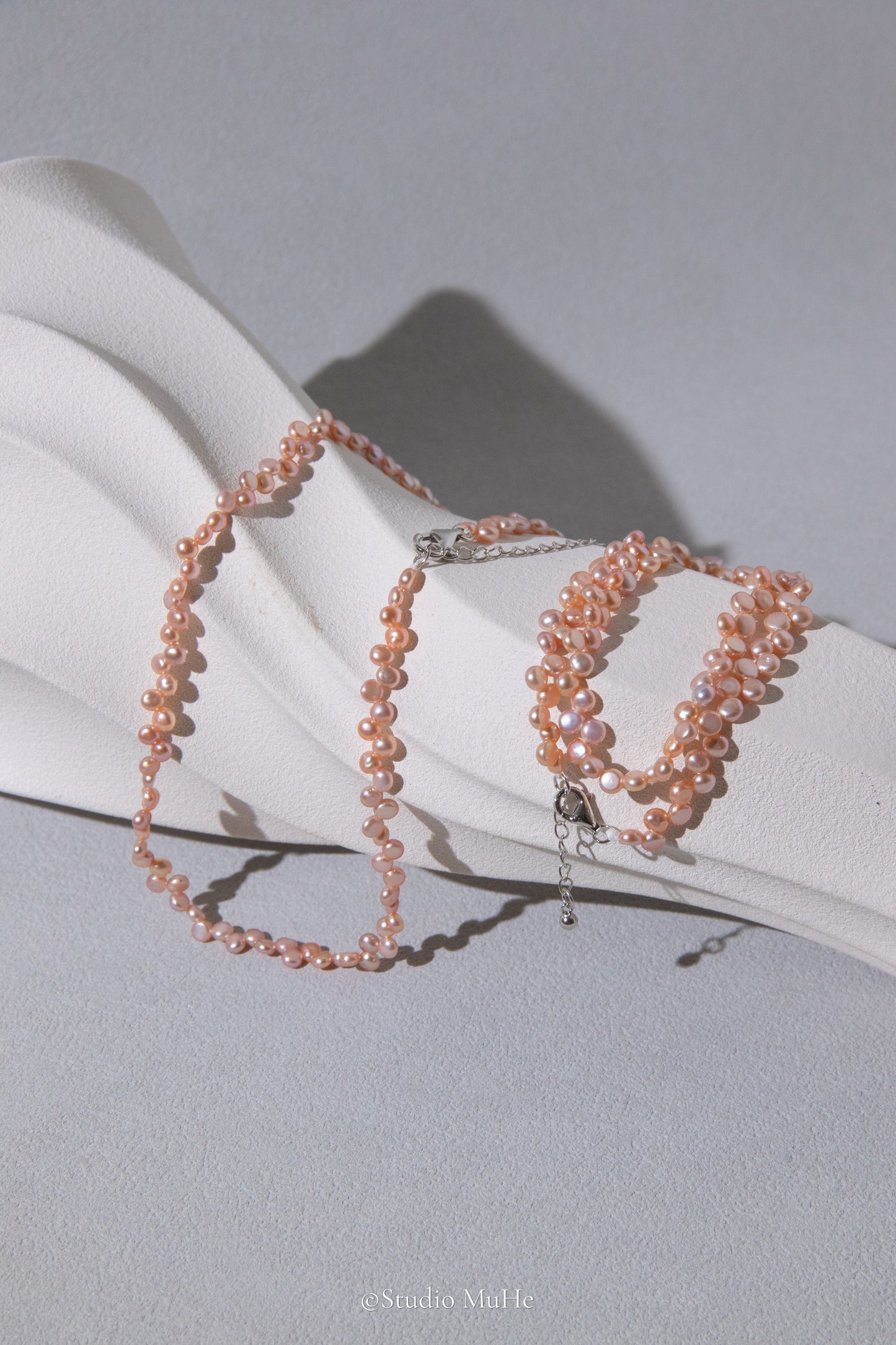 Double layer floral bracelet-32 to 35cm long mini peach flat round pearl bracelet