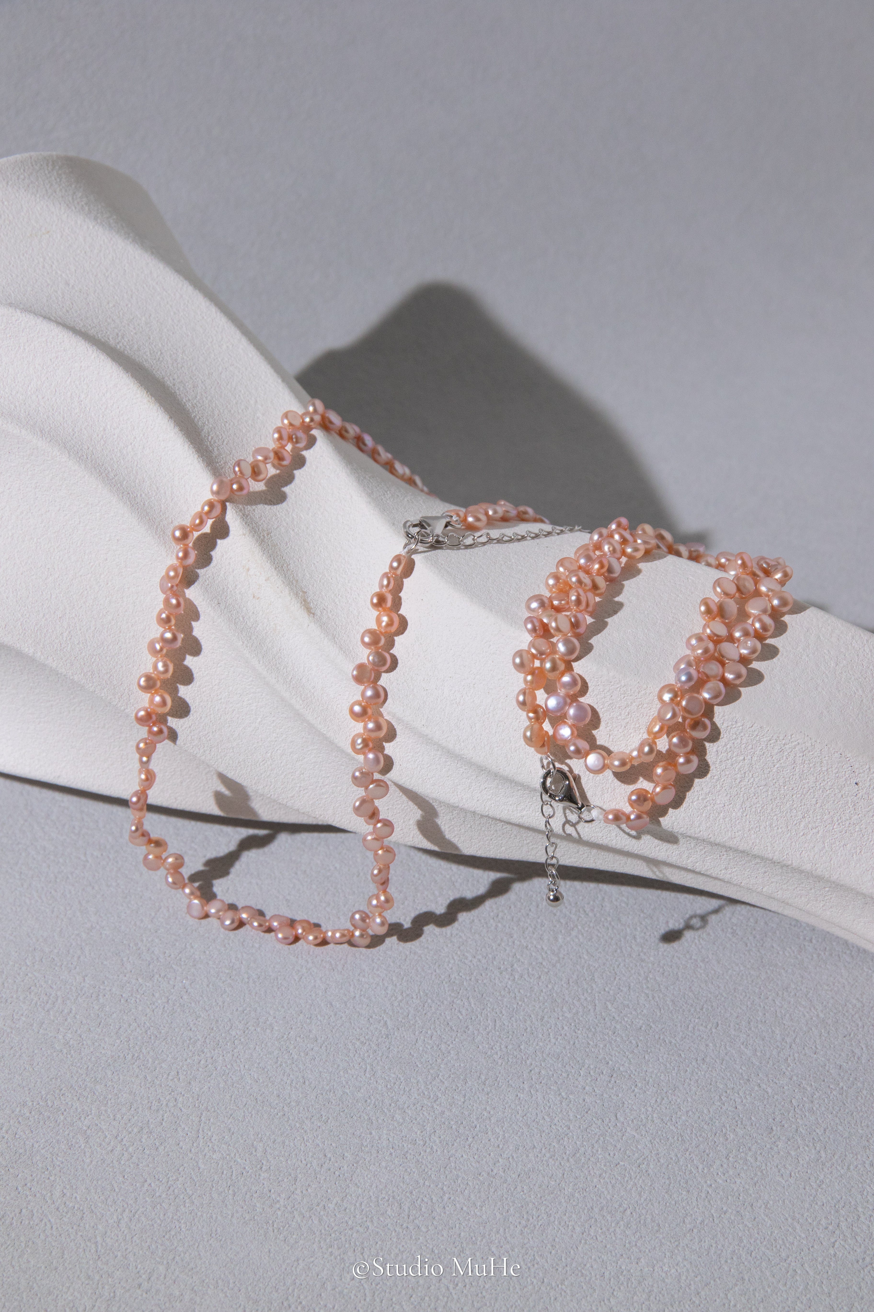 Double layer floral bracelet-32 to 35cm long mini peach flat round pearl bracelet