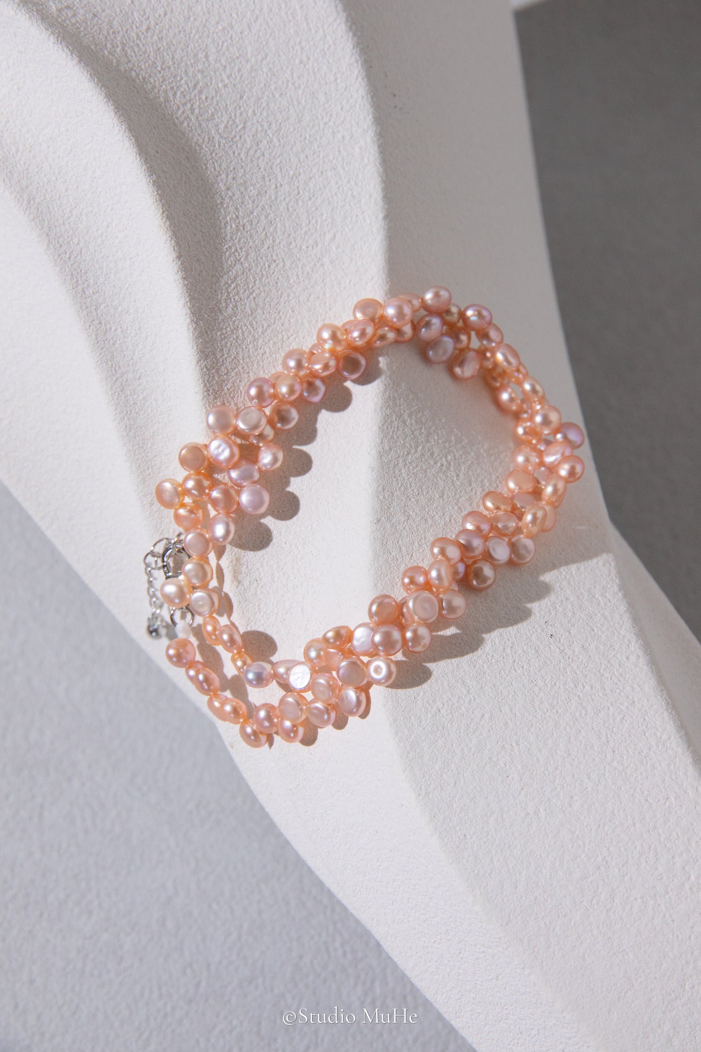 Double layer floral bracelet-32 to 35cm long mini peach flat round pearl bracelet