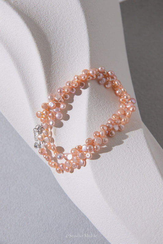 Double layer floral bracelet-32 to 35cm long mini peach flat round pearl bracelet