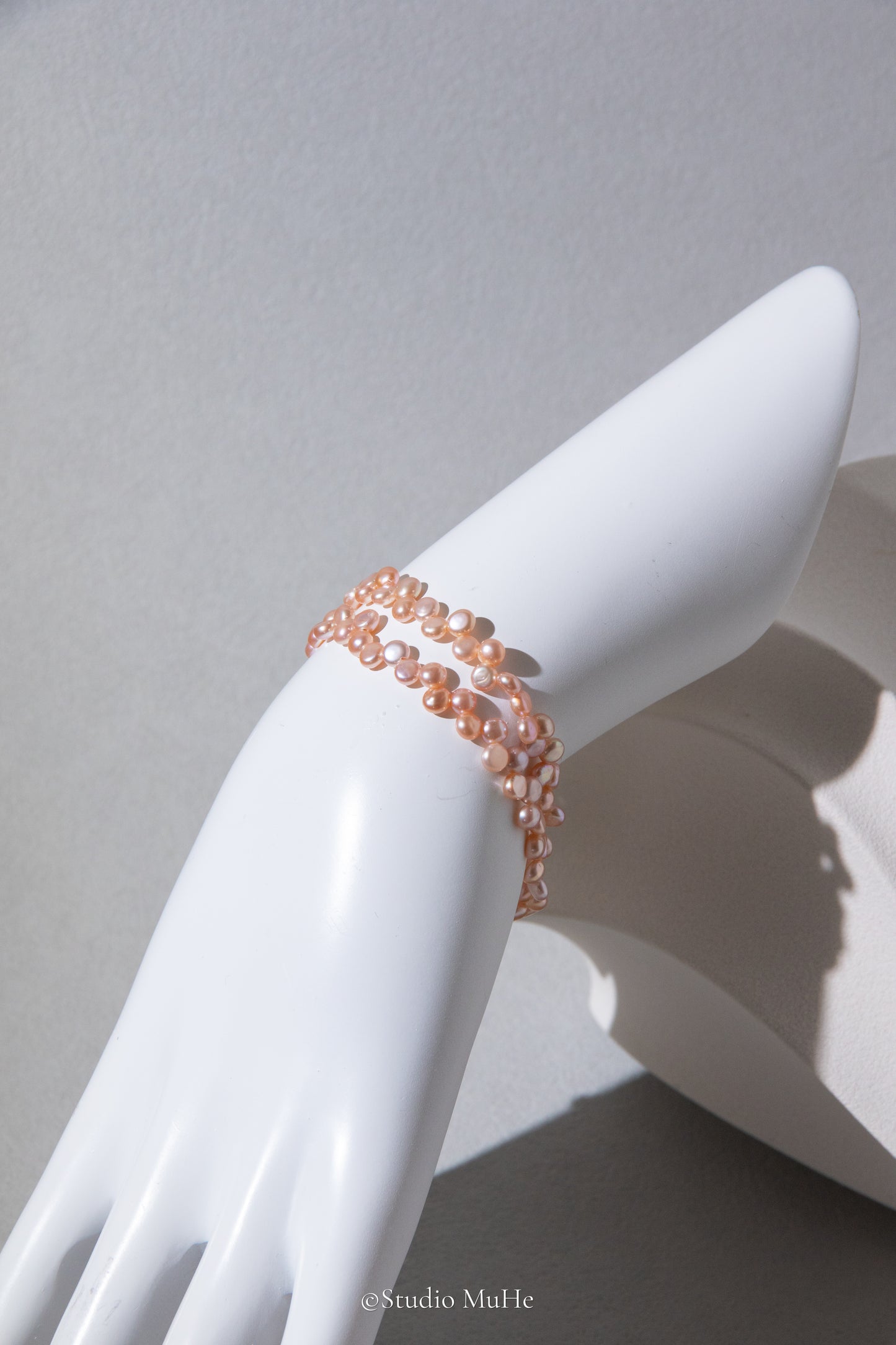 Double layer floral bracelet-32 to 35cm long mini peach flat round pearl bracelet