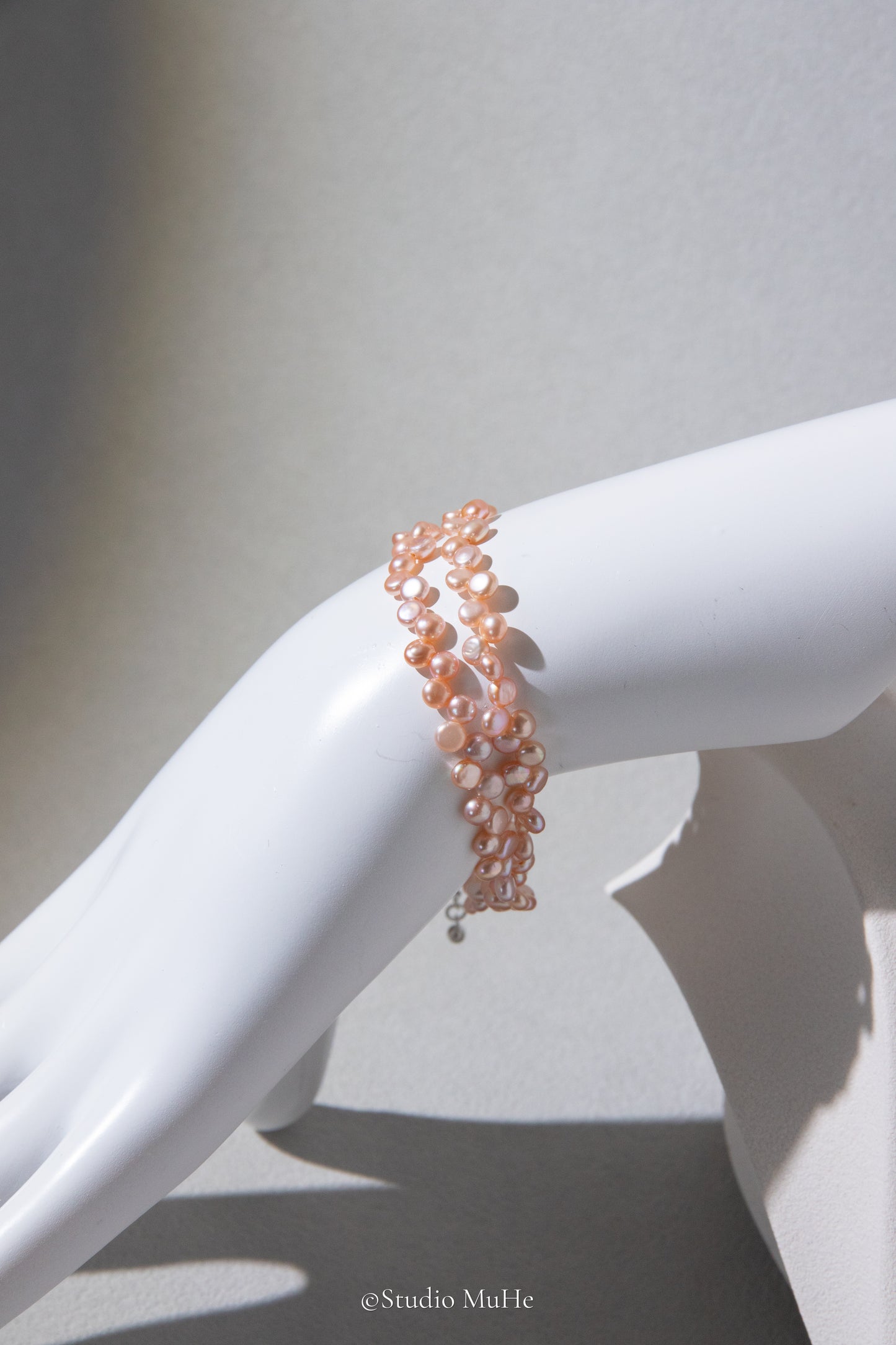 Double layer floral bracelet-32 to 35cm long mini peach flat round pearl bracelet