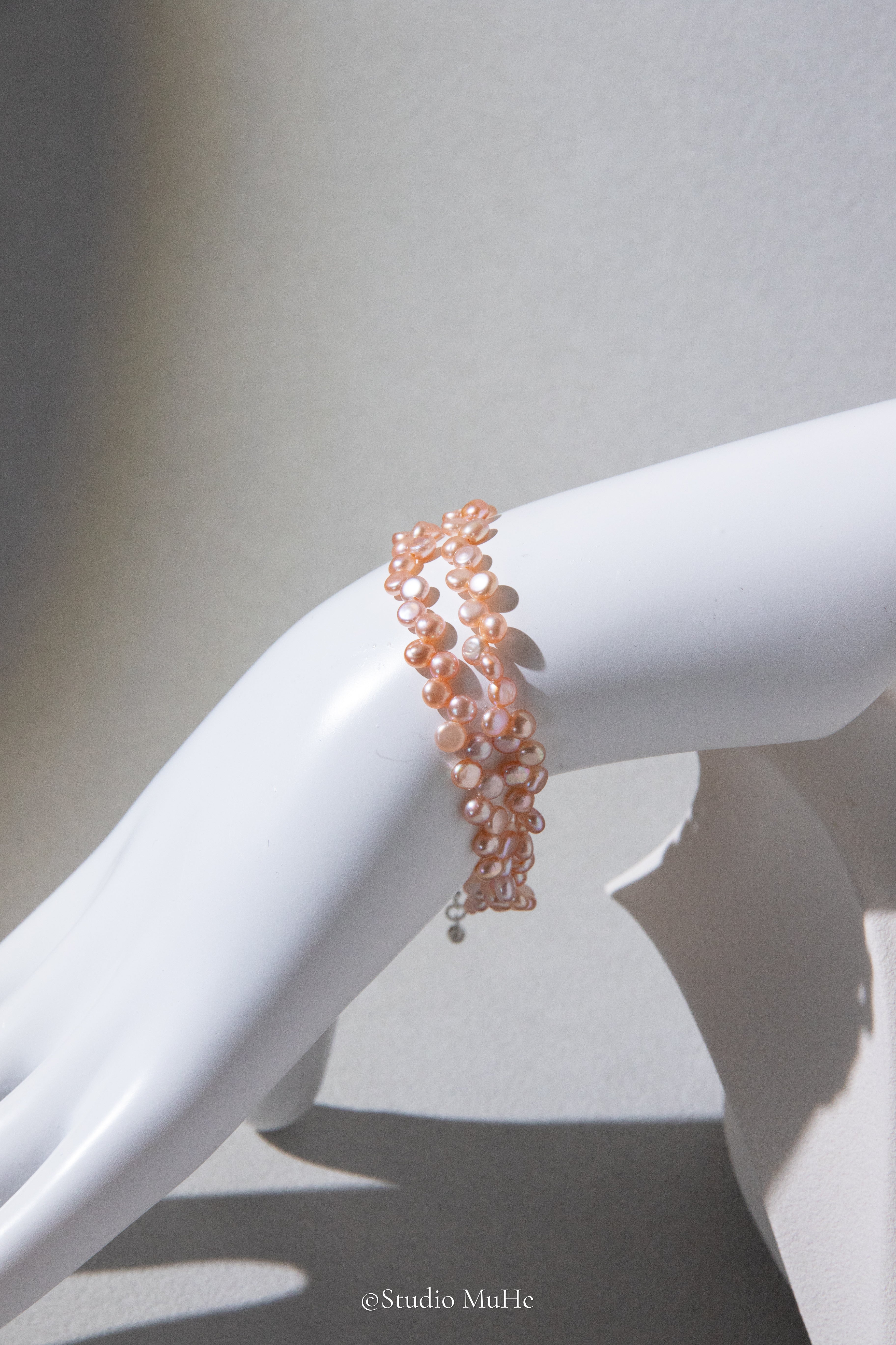 Double layer floral bracelet-32 to 35cm long mini peach flat round pearl bracelet