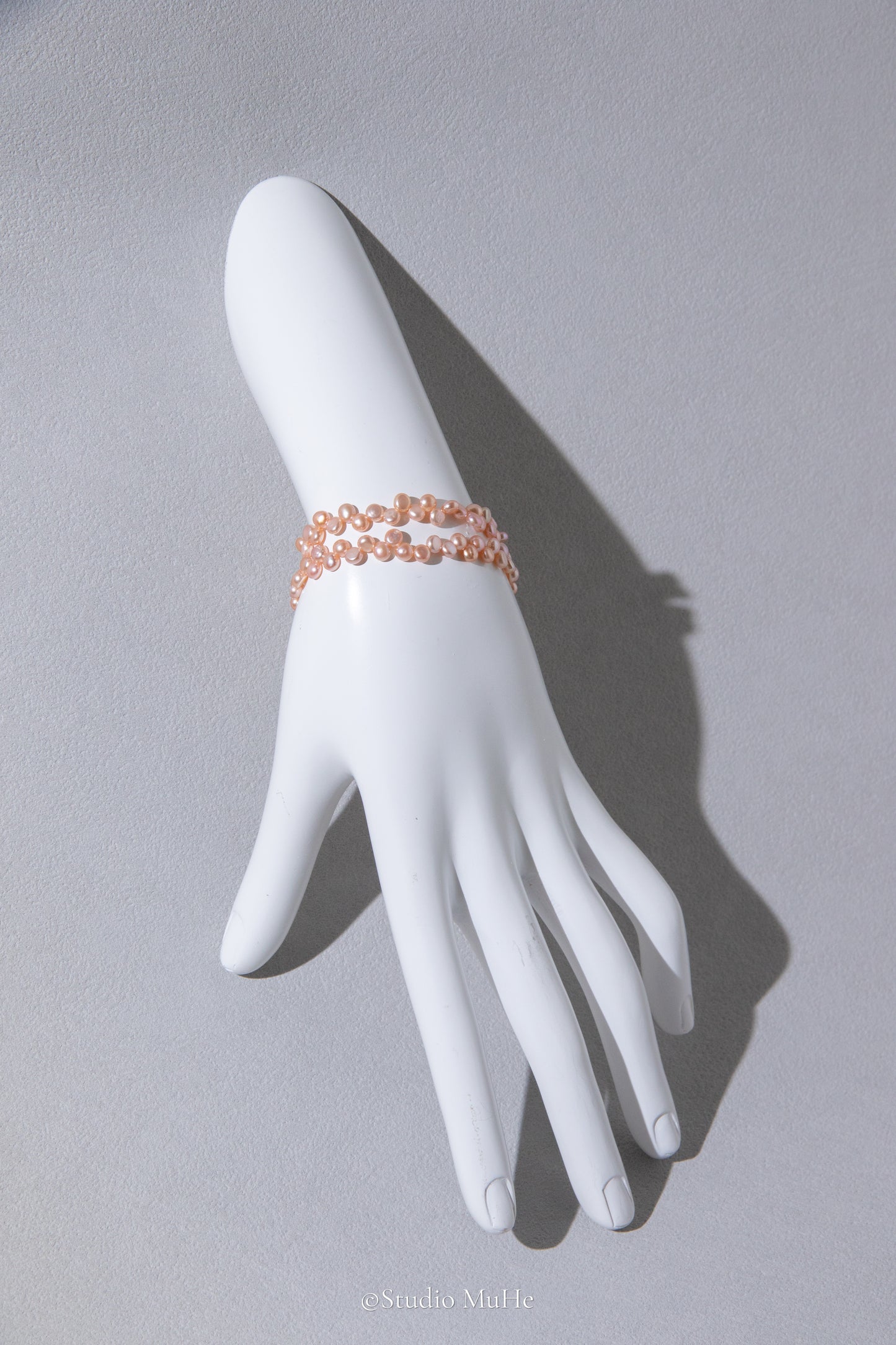 Double layer floral bracelet-32 to 35cm long mini peach flat round pearl bracelet