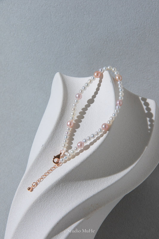 Summer flower rain-single layer mixed white and pink pearl bracelet
