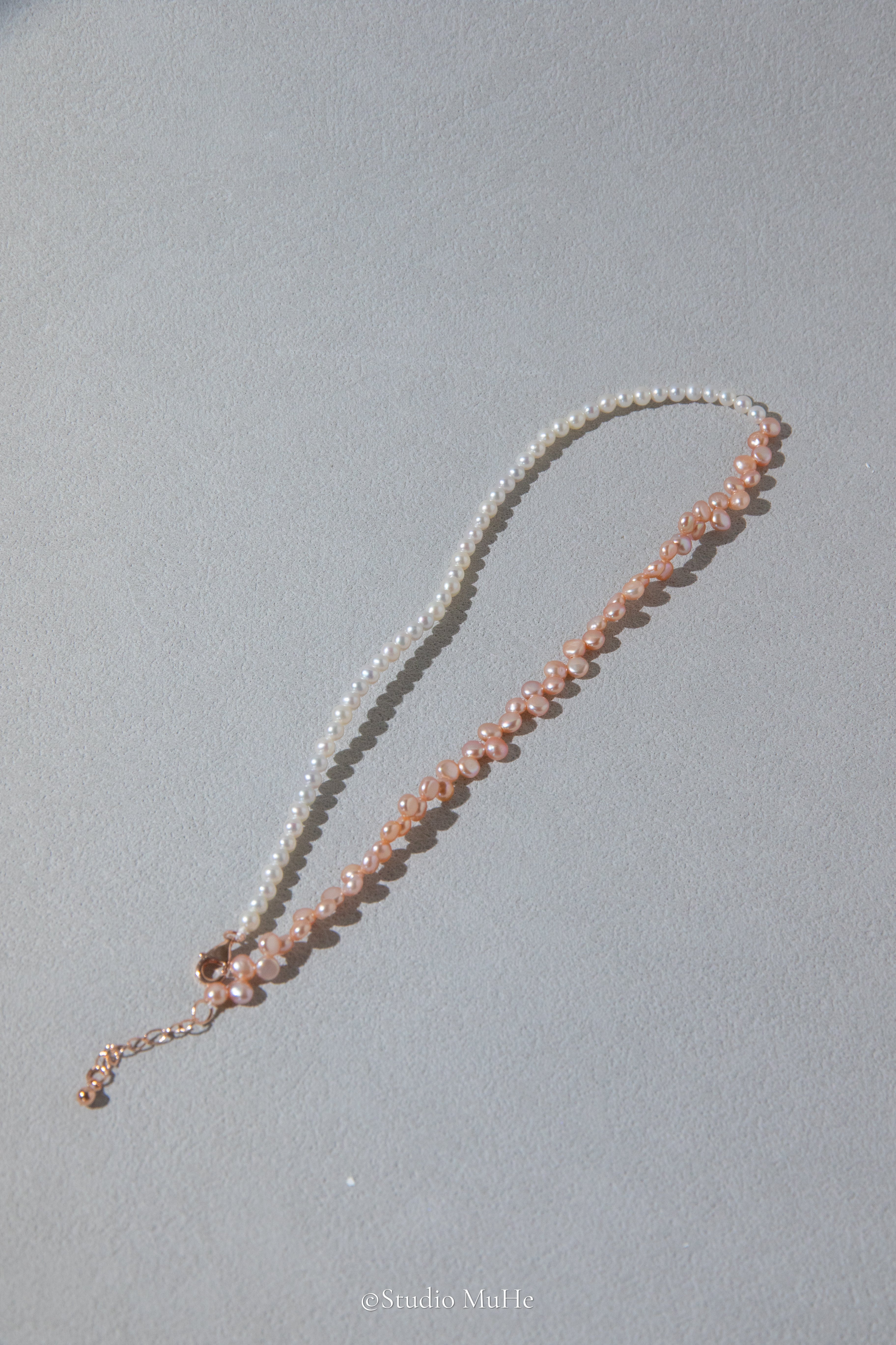 Summer jasmine-double layered bracelet mixed white and peach colored freshwater pearls