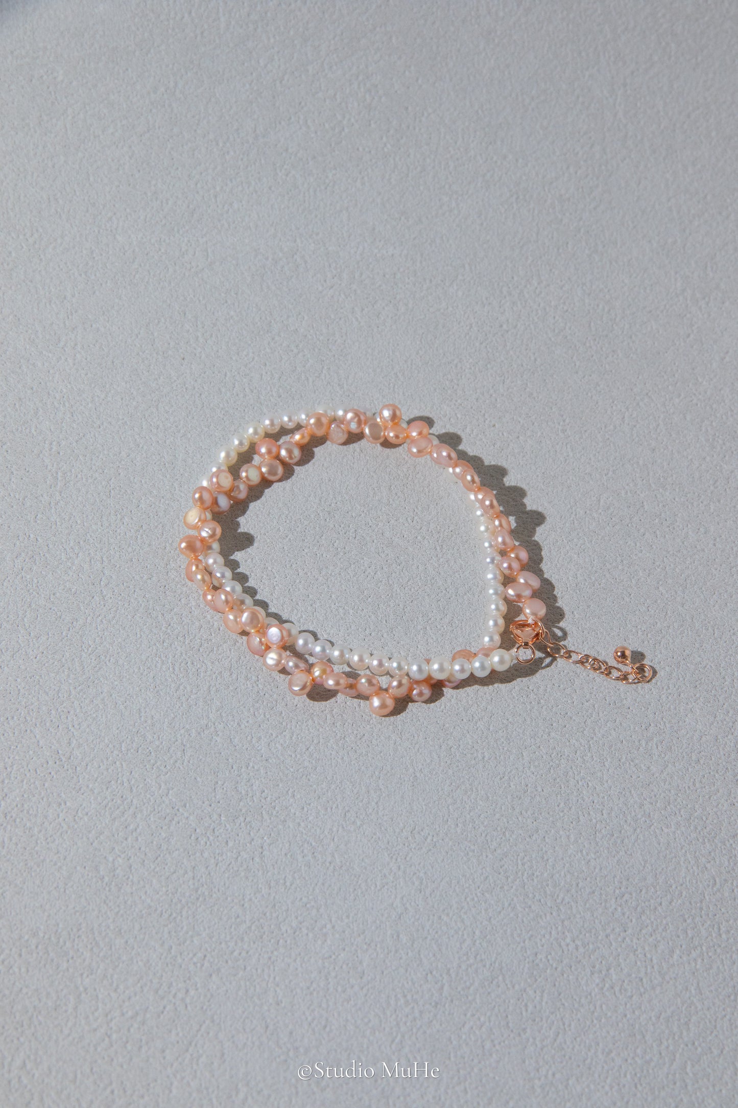 Summer jasmine-double layered bracelet mixed white and peach colored freshwater pearls
