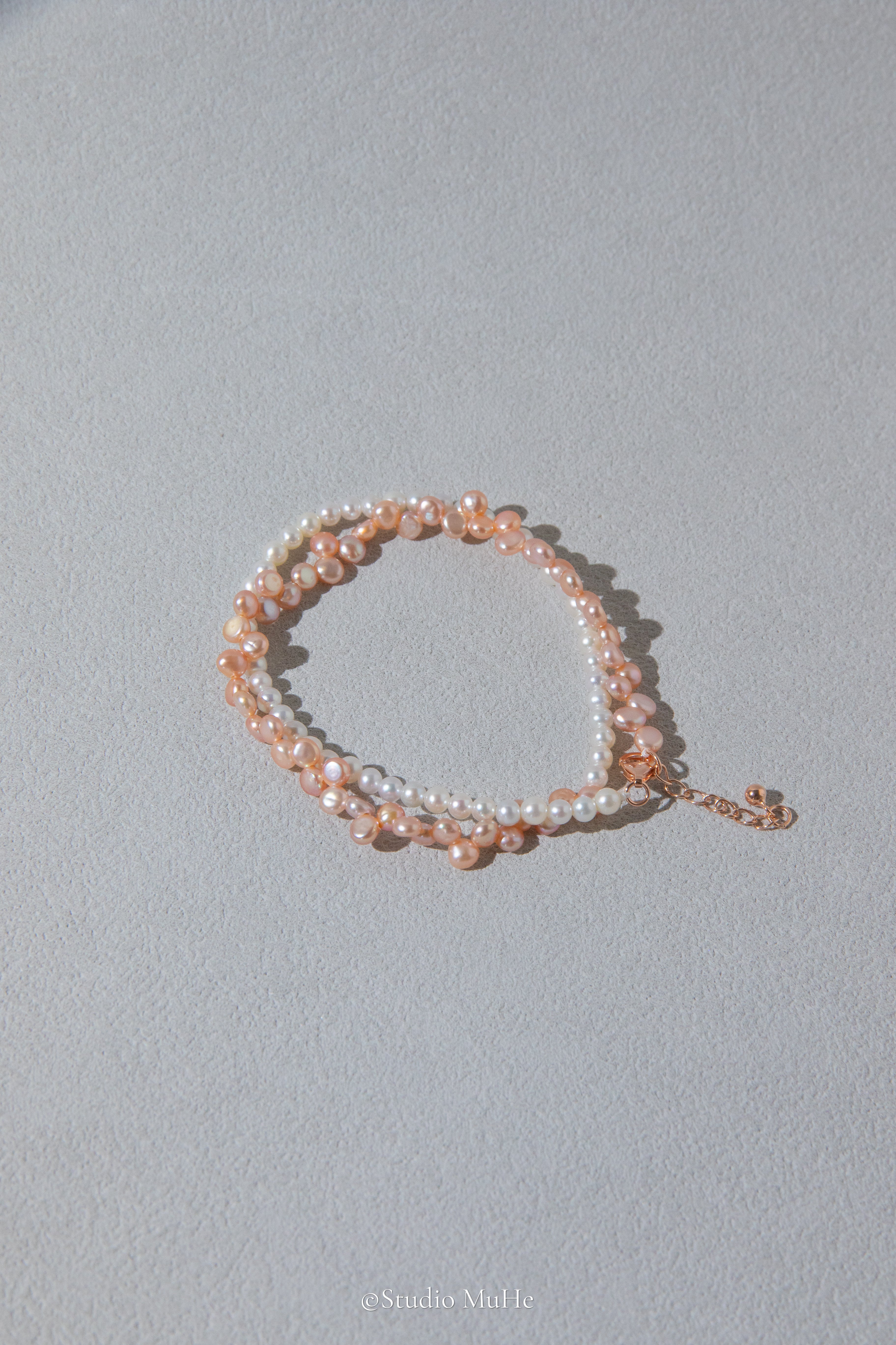 Summer jasmine-double layered bracelet mixed white and peach colored freshwater pearls