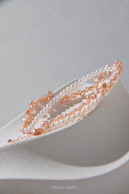 Summer jasmine-double layered bracelet mixed white and peach colored freshwater pearls