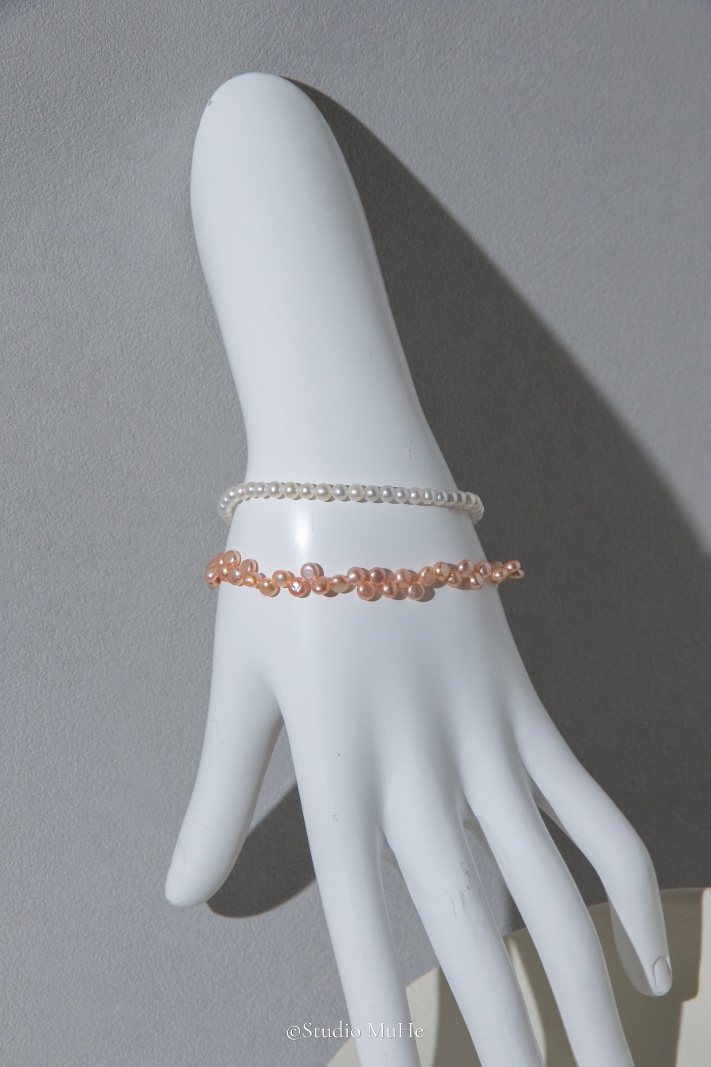 Summer jasmine-double layered bracelet mixed white and peach colored freshwater pearls