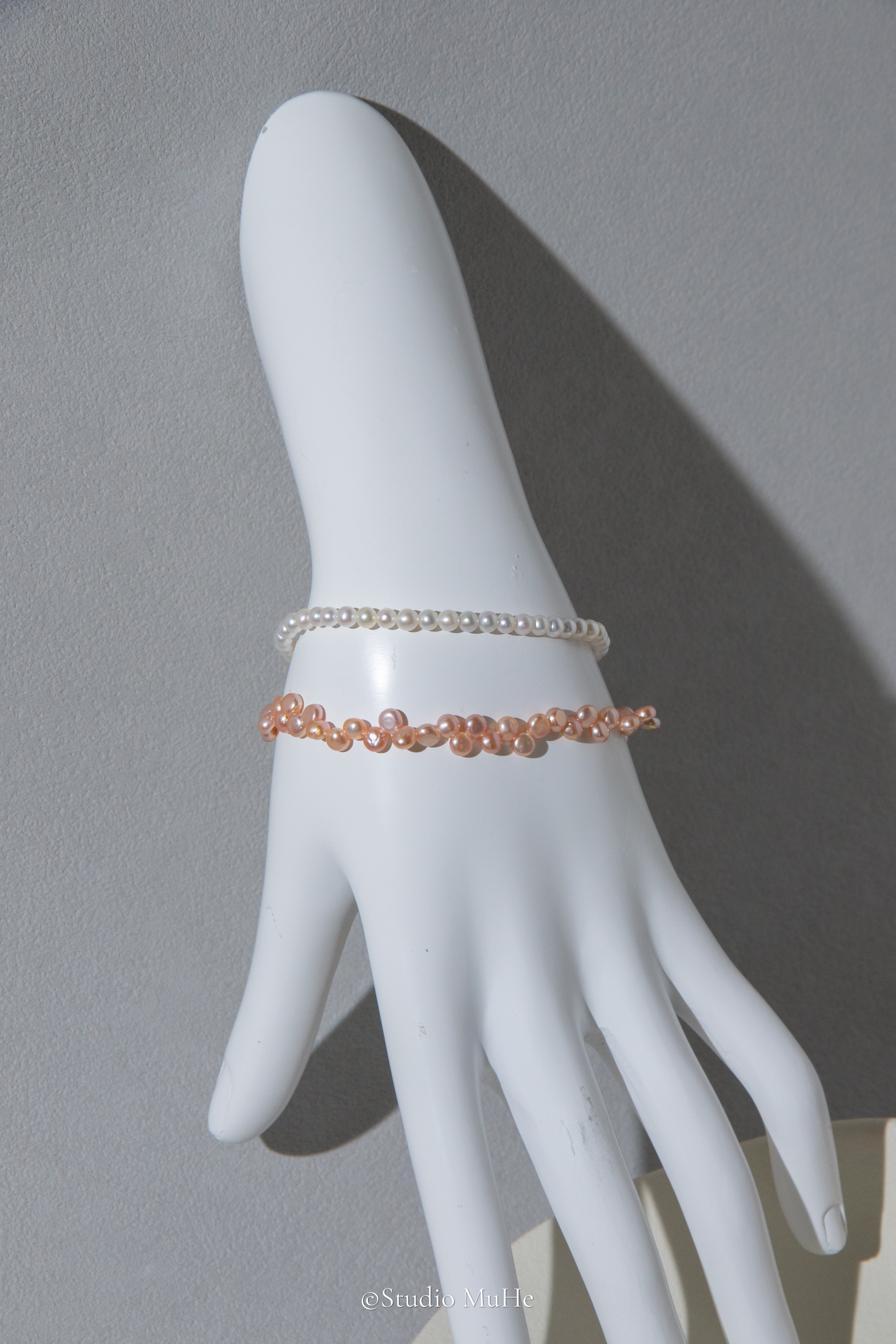 Summer jasmine-double layered bracelet mixed white and peach colored freshwater pearls