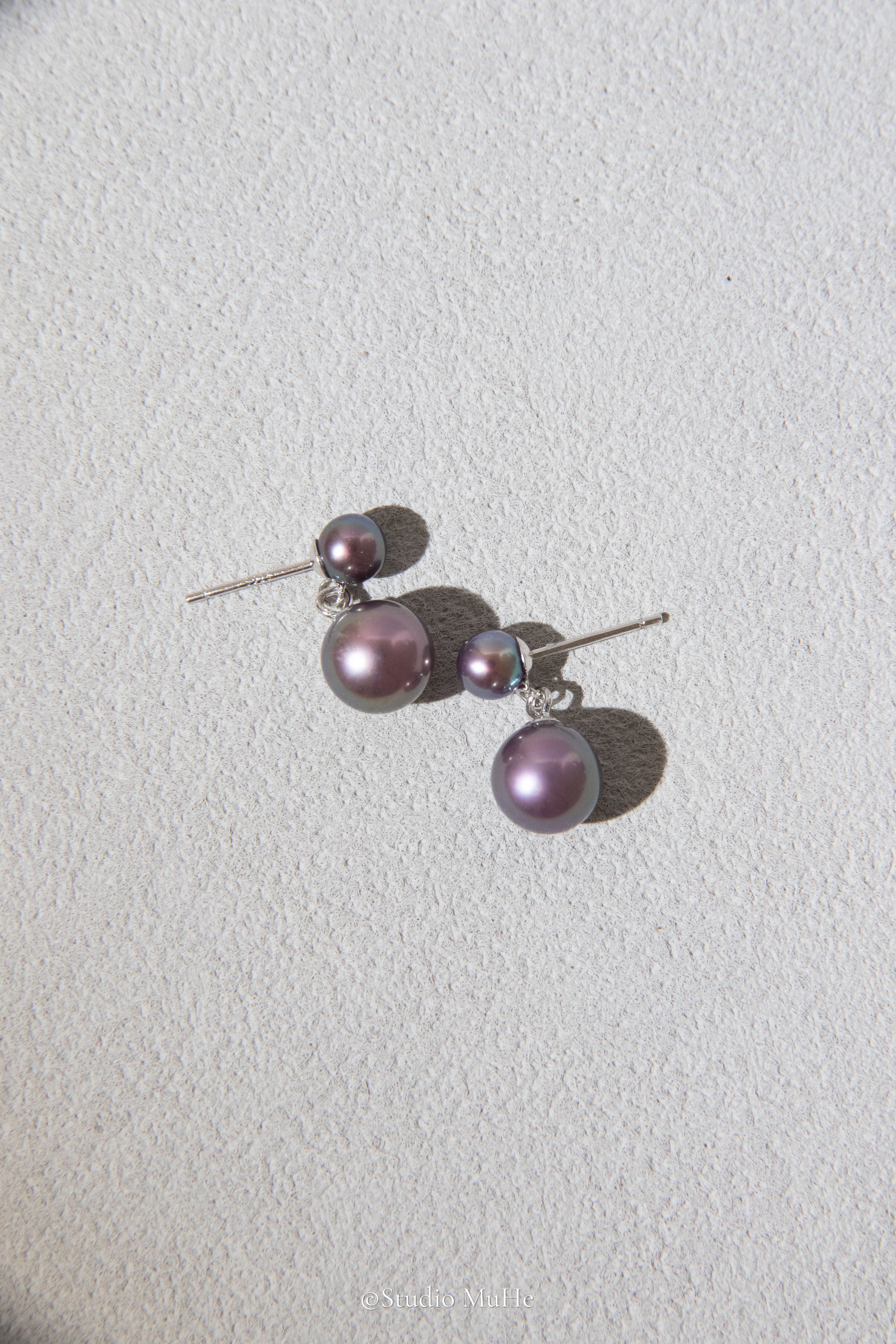 Midnight rain-excellent level natural dark purple double pearl ear studs.
