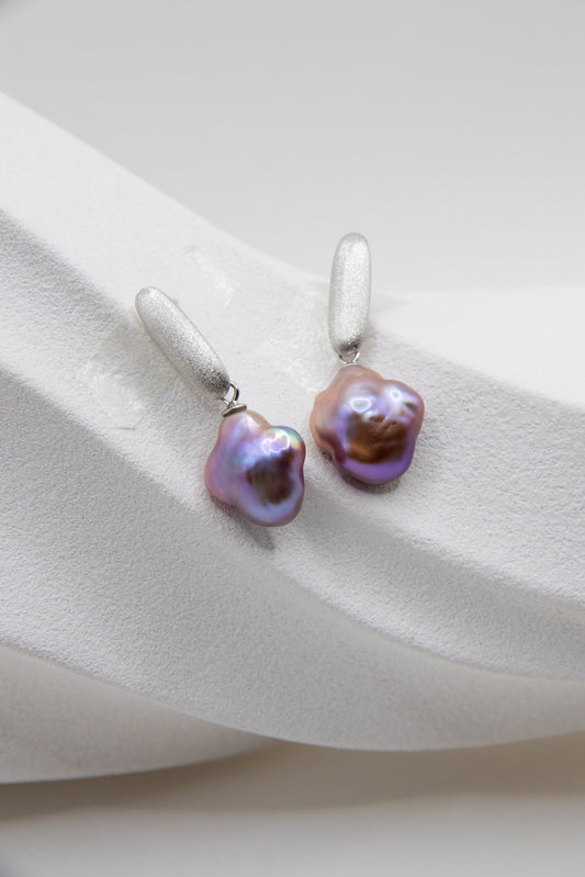 Matte Silver Earrings with Deep Violet Clover