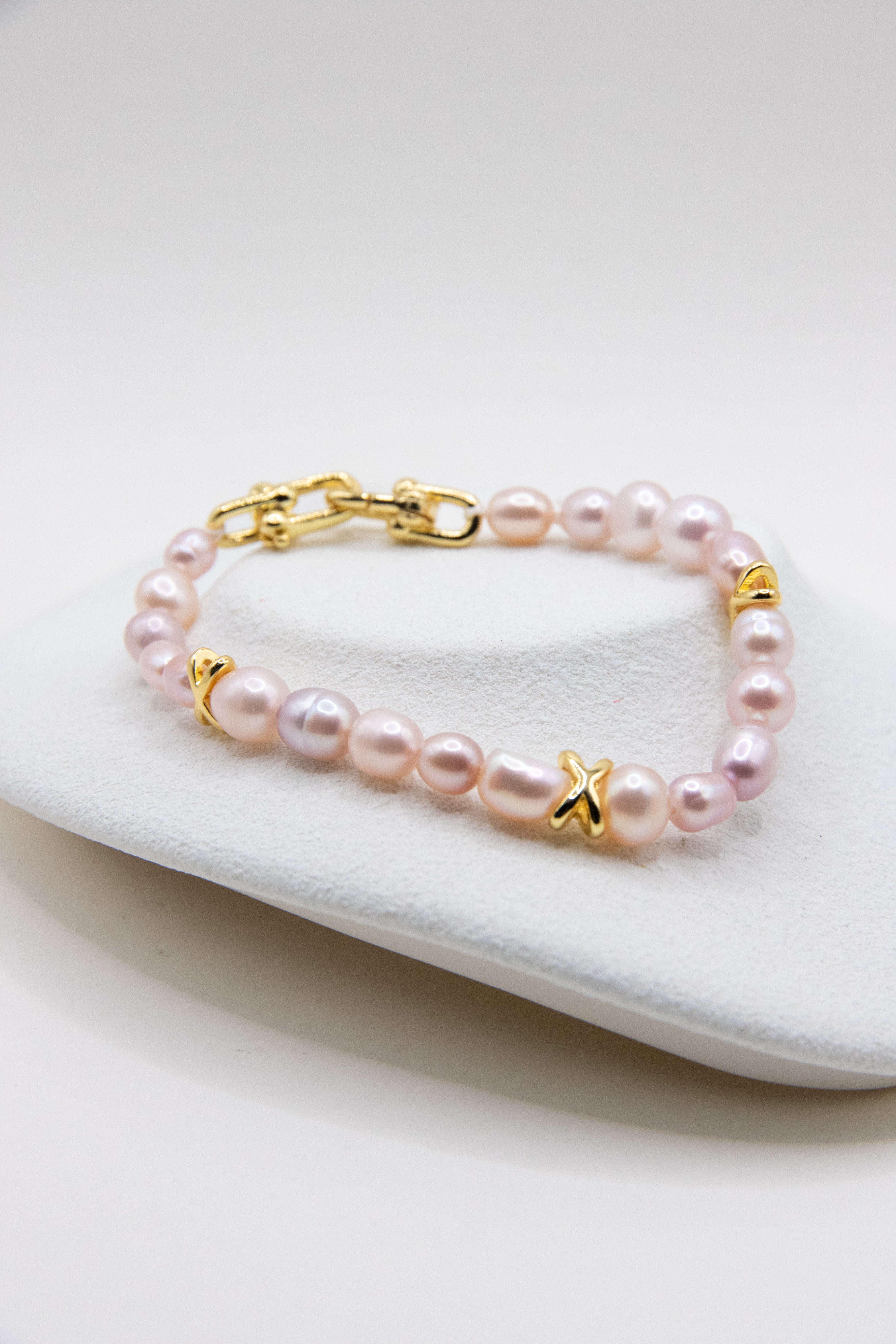 Pink-Lilac Seed Pearl Bracelet with Copper-Plated Gold X Accents