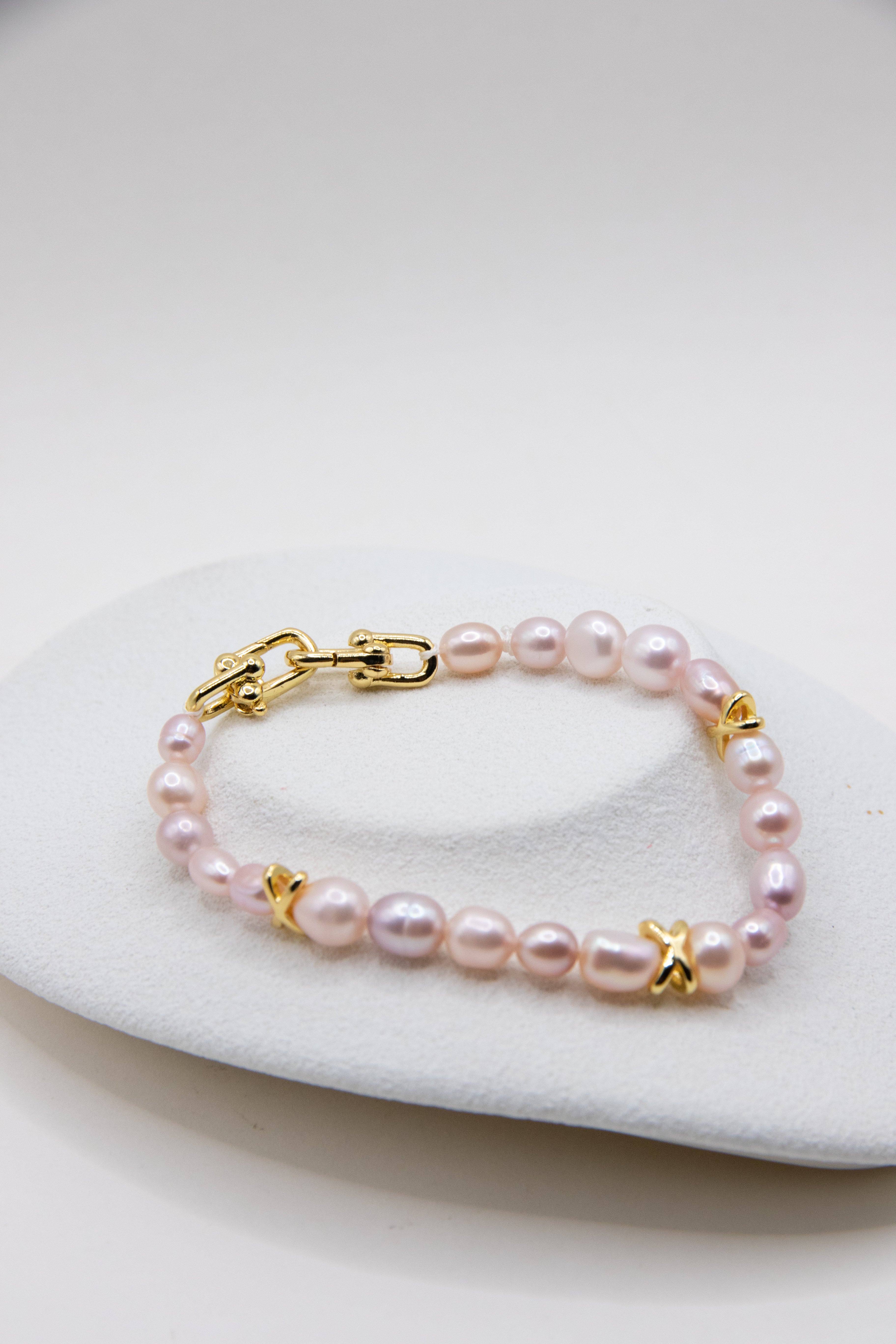 Pink-Lilac Seed Pearl Bracelet with Copper-Plated Gold X Accents