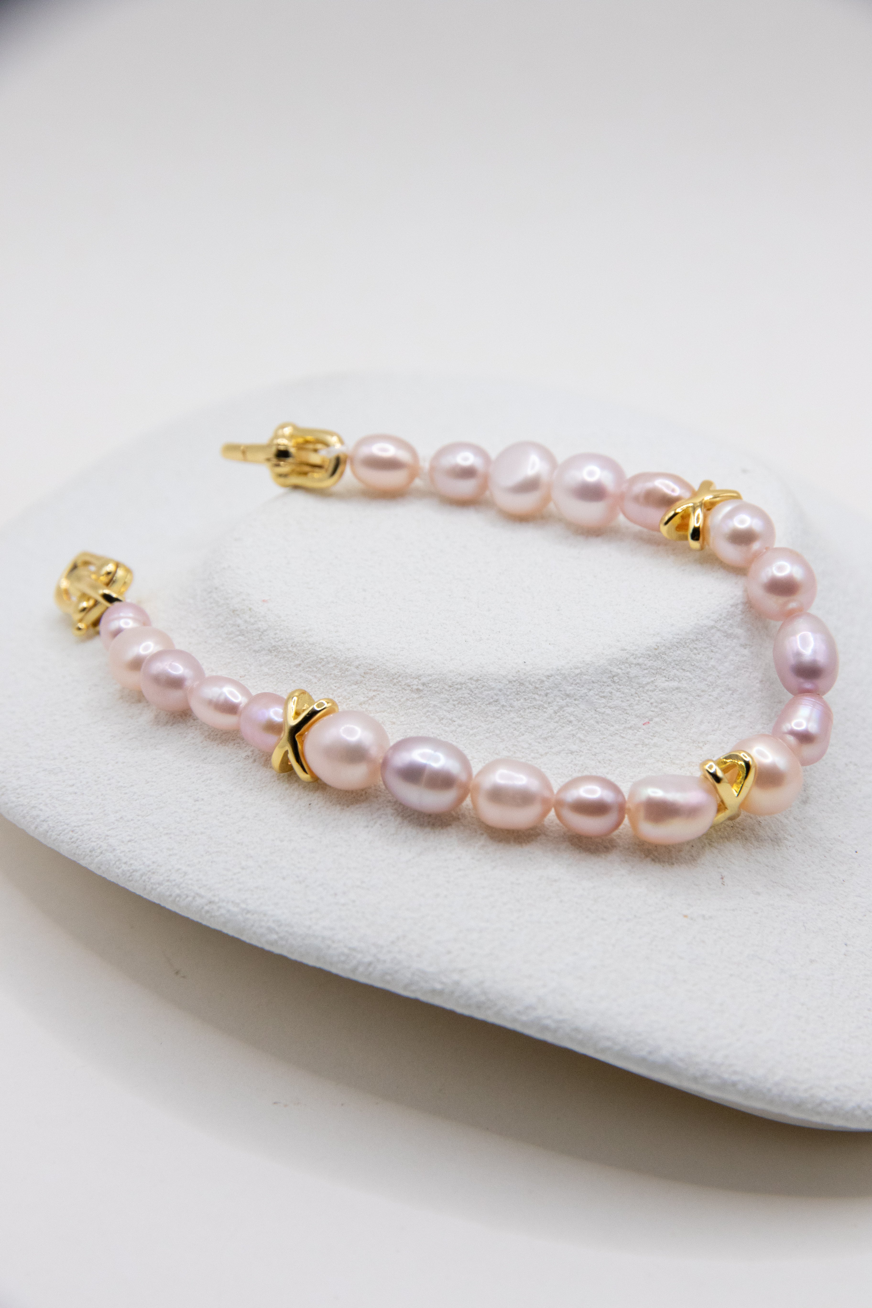 Pink-Lilac Seed Pearl Bracelet with Copper-Plated Gold X Accents