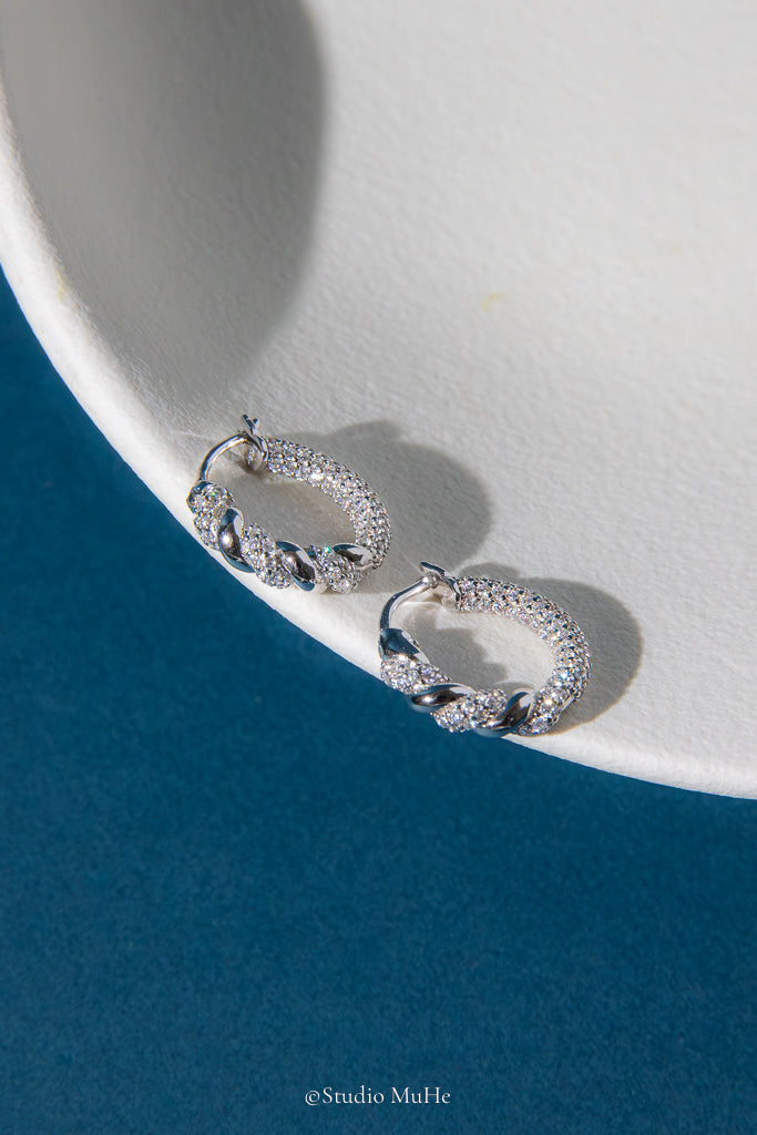 Vine Glow — Rhodium-Plated Sterling Silver Hoop Earrings