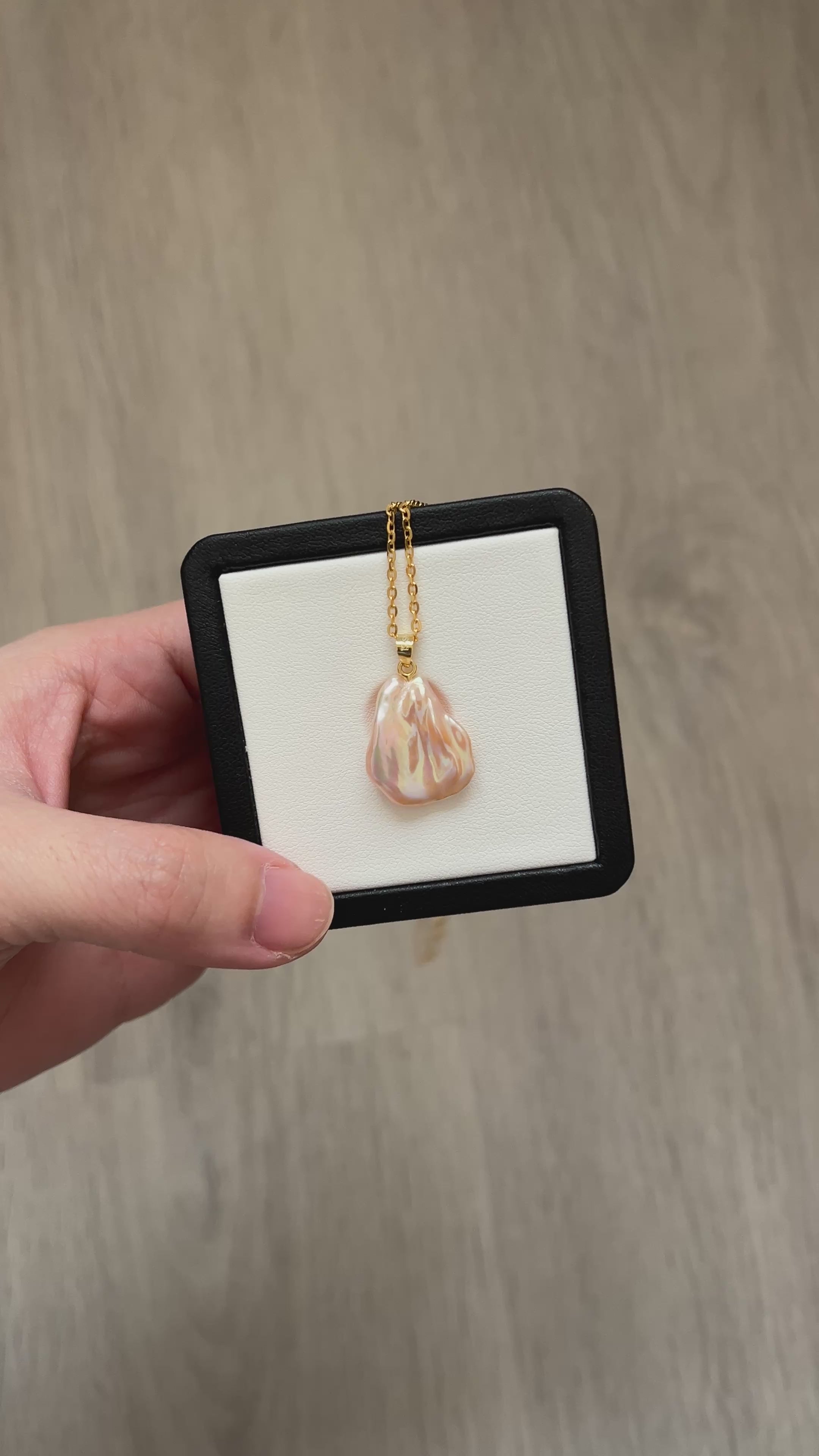 Shiny warm golden pink flower petal pearl necklace-gold plated silver chain.