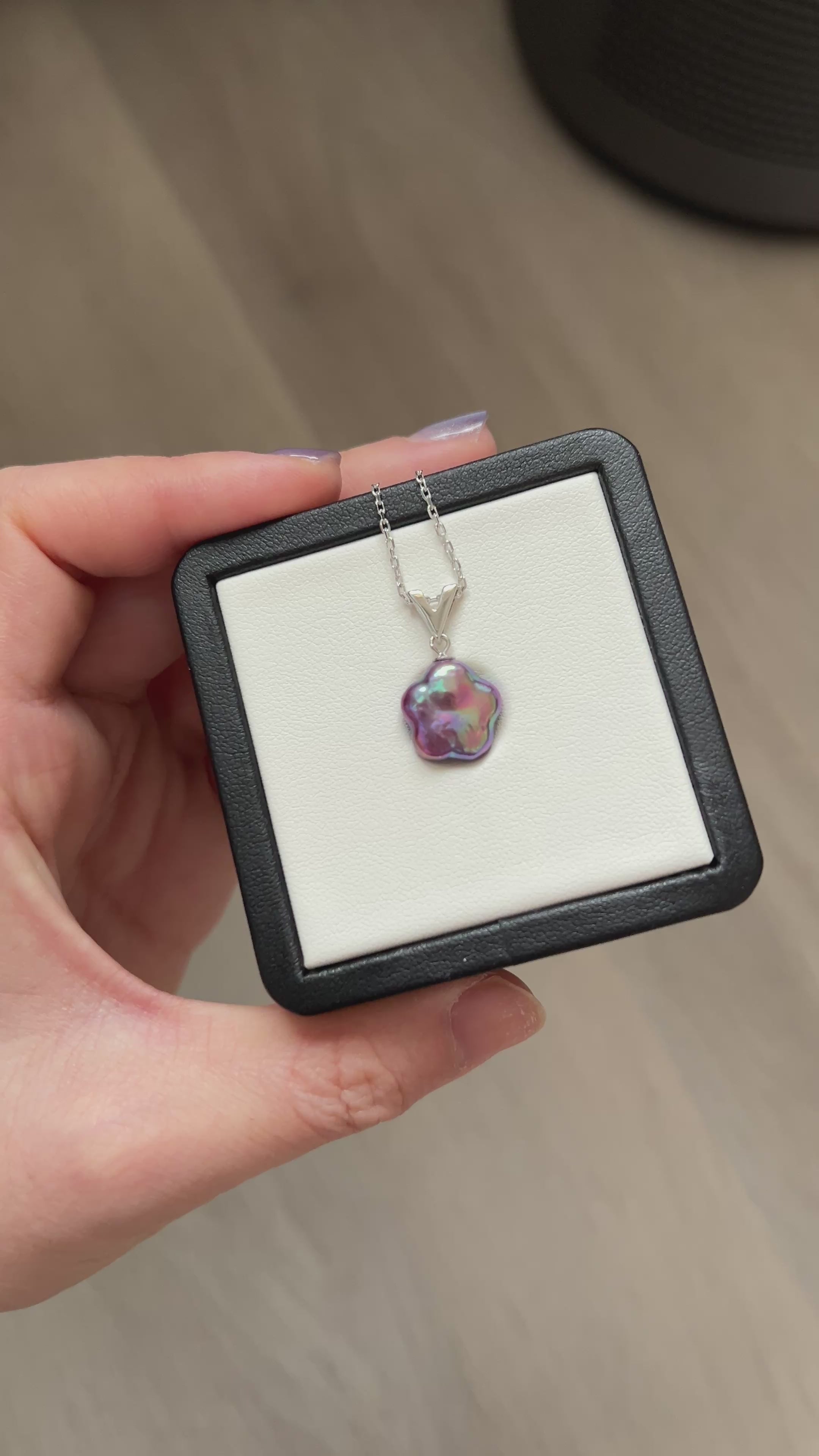 Excellent level silver necklace with  splendid colorful floral pearl-deep grape purple mixed with blue overtone. Order for M.