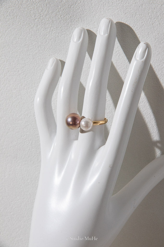 First Impression — White & Metallic Brown Freshwater Pearl Duo Ring