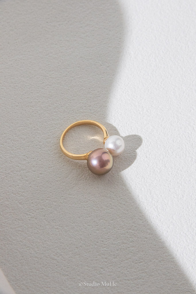 First Impression — White & Metallic Brown Freshwater Pearl Duo Ring